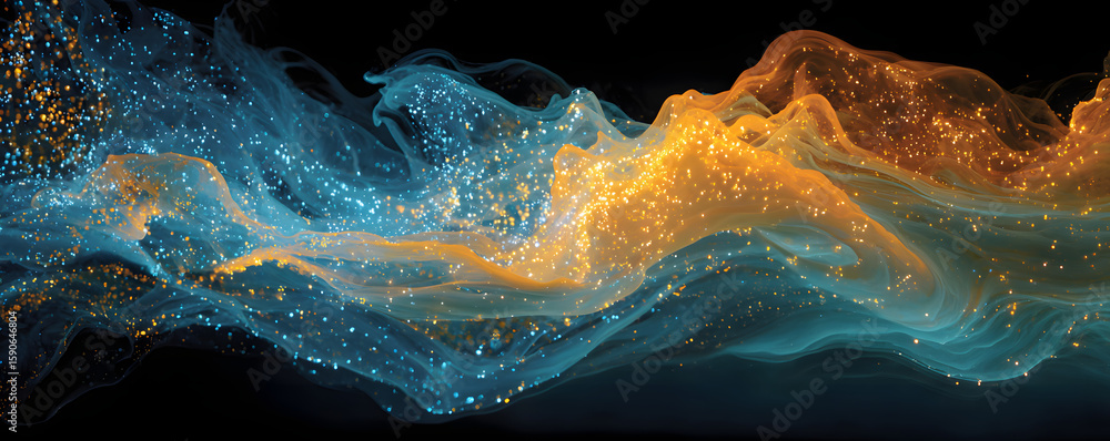 Poster a fluid abstract design with flowing lines in vibrant blue and orange hues, creating a dynamic and e