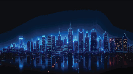 Digital illustration of a neon futuristic city skyline at night with reflections.