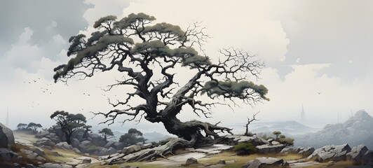 A haunted gothic treants perched on a wind-swept hill, highly detailed ,ai generative