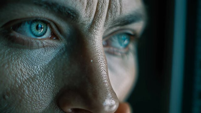 Close up blue eye face showing detailed skin texture with worry hand near mouth and zero light day reflection human skin texture