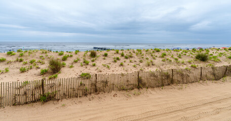 Sand Dunes, Wooden Fence, Blue Sky, Ocean City Beach Landscape
