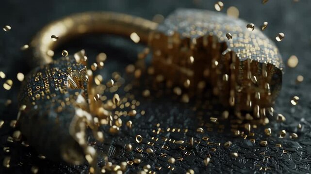 Broken golden padlock with digital code pieces scattered dark surface symbolizes zero day cyber security vulnerability and code