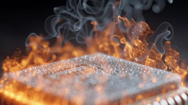 Close up view of computer processor chip overheating with fire smoke intense heat burning circuit board zero day damage cyber