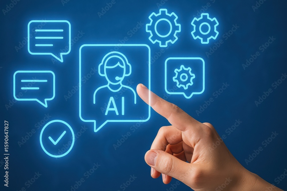 Poster user activating ai virtual assistant interface with chat bubble, gear icons and smart customer suppo