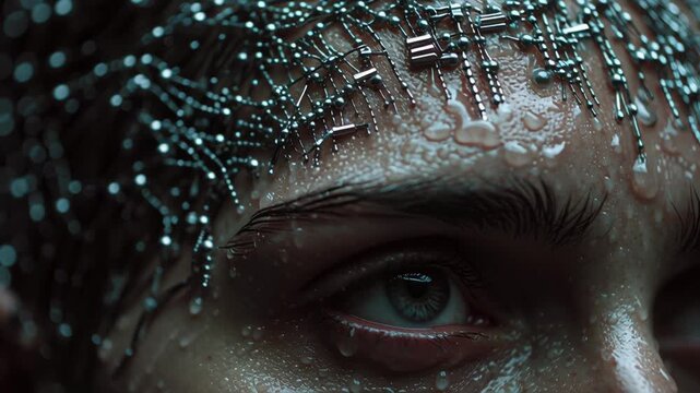 Close up of wet face with metal pins and water droplets on forehead showing intense eye expression and zero day emotion