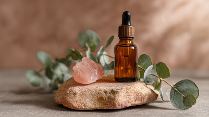 Amber Glass Dropper Bottle on Pink Stone with Rose Quartz and Eucalyptus