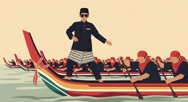 Pacu Jalur Water Sports in Indonesia Aura farming Boat Colorful Dragon Boat Illustration with Figure Celebrating Victory, Traditional Asian Culture with a Crowd Paddling