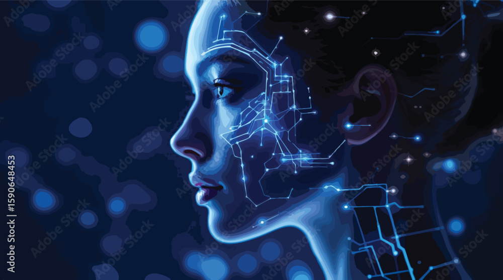 Aufkleber digital representation of a woman's profile with interconnected circuit board graphics concept.