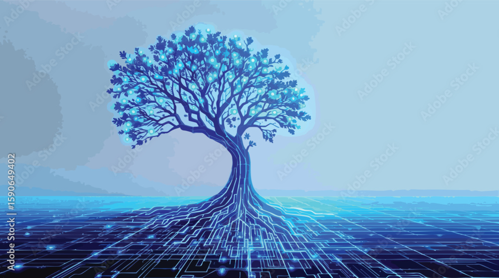 Poster digital tree with glowing leaves and interconnected circuits illustrating technology and innovation.