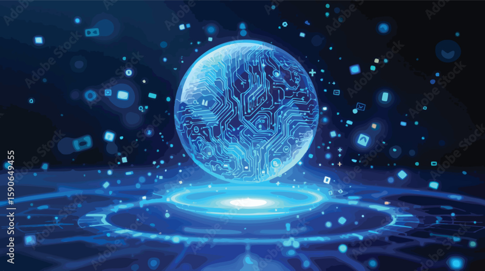 Poster digital world concept illustrating circuitry and data flow within a futuristic sphere.