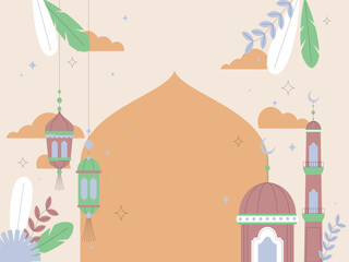 Ramadan or Eid Celebration Background with Mosque and Lanterns