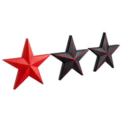 Obraz premium Hanging Geometric Stars: Bold Red and Black 3D Ornaments on Black Background.
