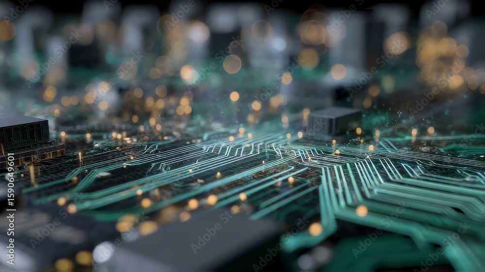 Aufkleber Glowing data streams flowing across a complex circuit board, representing innovation and technological advancement while highlighting the power of modern computing and connectivity