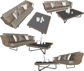 Vector sketch illustration of a silhouette design of a set of living room sofa chairs table