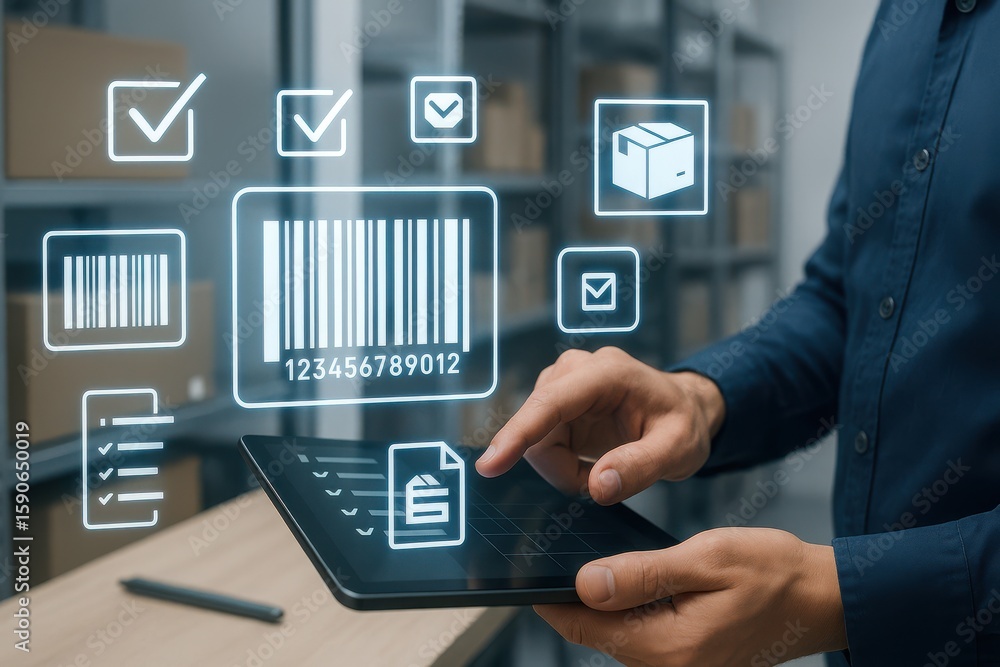 Poster warehouse manager using tablet with barcode scanner and inventory icons for digital logistics manage