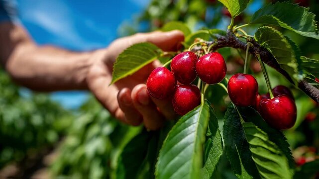 Closeup of a farmers hands skillfully selecting ripe red cherries with a background of lush green foliage and a vibrant blue sky showcasing the contrast between the bright fruit and