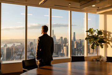 A professional photograph of a businessman in a dark suit standing at a modern office window during sunset.