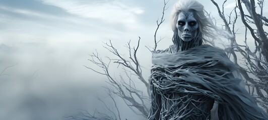 A haunted gothic white walker perched on a wind-swept hill,ai generative
