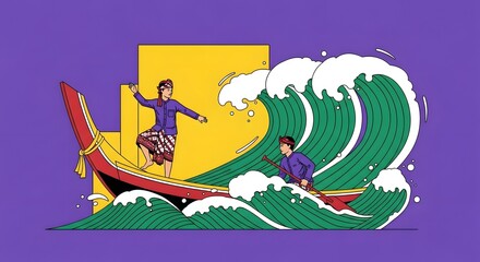 Pacu Jalur Water Sports in Indonesia Aura farming Boat Braving the Waves A Colorful Illustration of a Traditional Boat Navigating a Stormy Sea