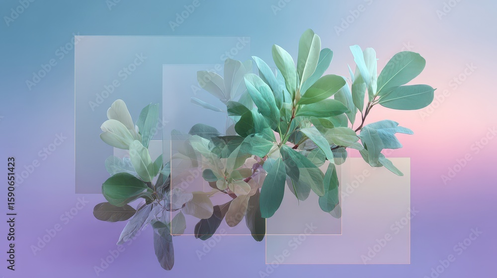 Poster a delicate green branch with broad leaves is overlaid with translucent squares against a soft gradie