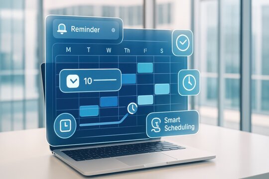 Laptop Displaying Smart Scheduling Calendar with Weekly View, Reminders and Time Blocks Interface
