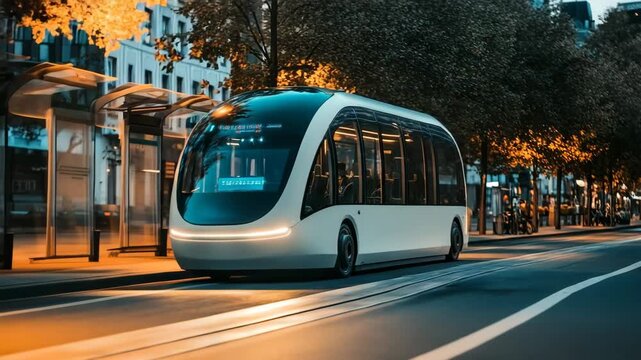 Concept of a futuristic autonomous vehicle driving without a driver, showcasing self-driving mass transit technology and innovation in future transportation