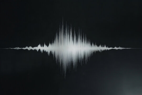 A black and white audio waveform visualization against a dark background. The waveform is centered in the frame and shows a symmetrical pattern with multiple peaks and valleys. 