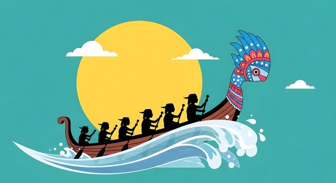 Pacu Jalur Water Sports in Indonesia Aura farming Boat Illustration of a Traditional Boat Race at Sunset Teamwork, Tradition, and Cultural Heritage