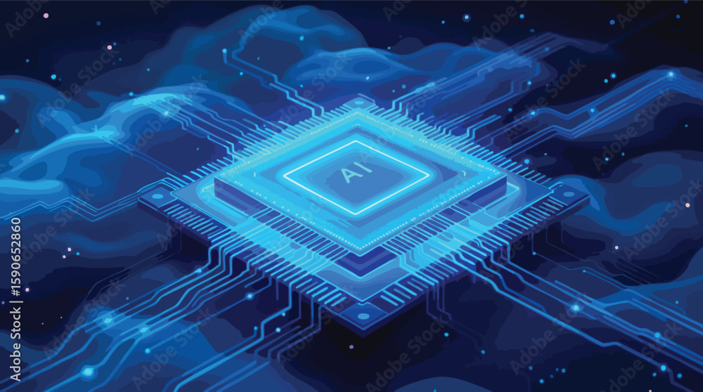 Poster futuristic digital illustration of artificial intelligence ai central processing unit chip.