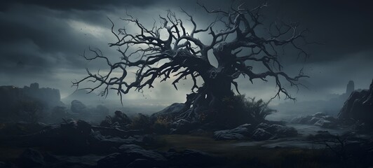 A haunted gothic treants perched on a wind-swept hill, highly detailed ,ai generative