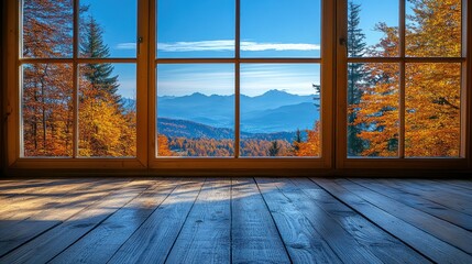Autumn mountain view through large windows