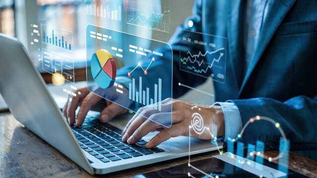 Man types on laptop with data charts and graphs overlay for business analysis