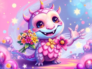 Fototapeta premium illustration of peculiar, neon monster with soft, rounded features, gleaming pastel scales, and iridescent, holographic accents, joyfully holding colorful bouquet of flowers