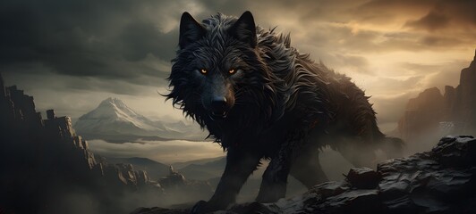 A haunted gothic fenrir perched on a wind-swept hill,ai generative