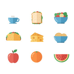 Flat food icons set, healthy eating, breakfast, lunch, dinner elements, isolated illustration