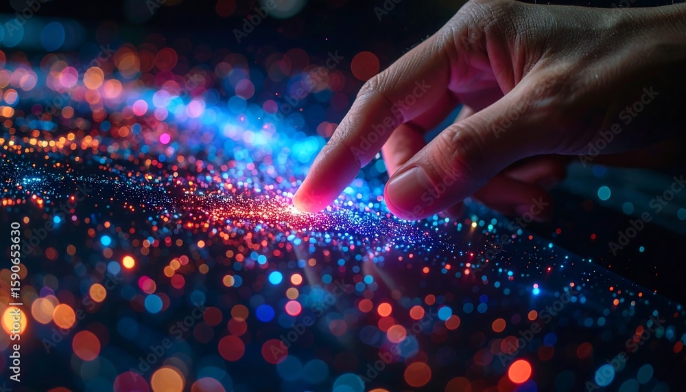 Poster futuristic finger touch hand interacting with glowing digital data particles.