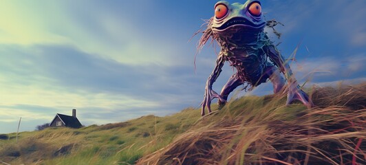 A haunted gothic HubGoblin perched on a wind-swept hill ,ai generative