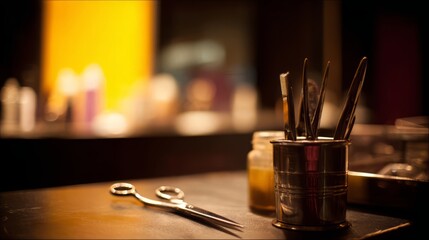 Barber shop scene highlighting hairstyling tools in warm ambient light.
