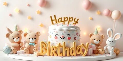 Obraz premium A cheerful birthday cake with a smiling face and sprinkles, surrounded by 