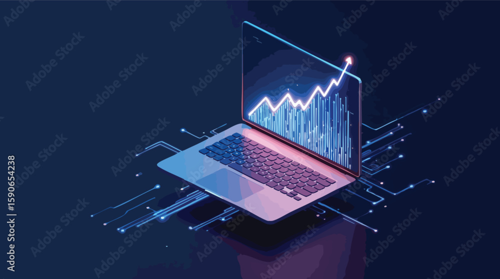 Poster laptop displaying financial data trend and circuit board in modern technological design.