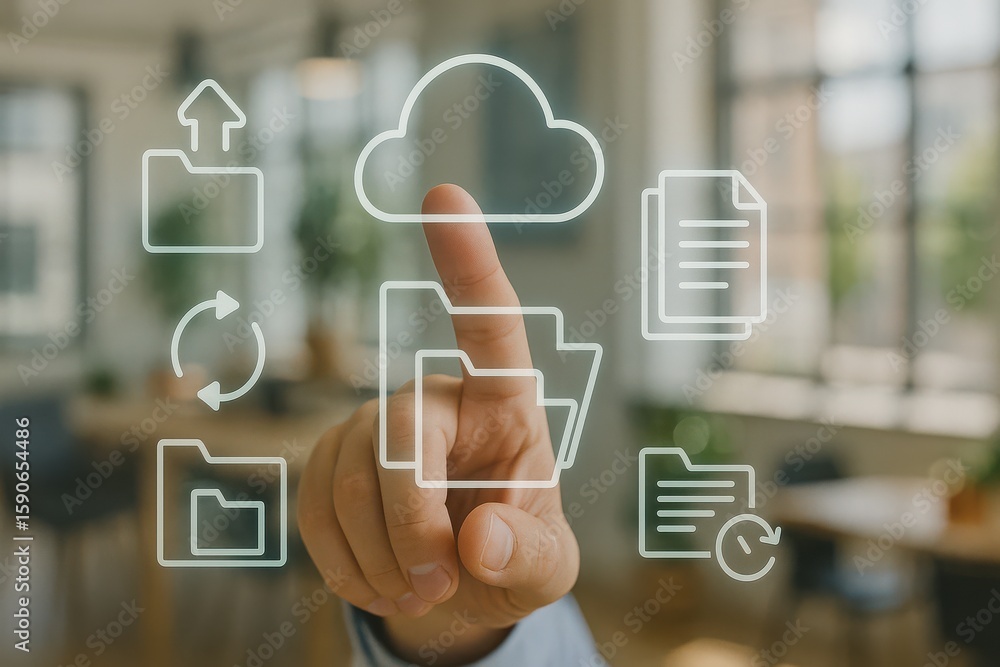 Aufkleber businessman touching cloud storage sync interface with upload, folder and document management icons