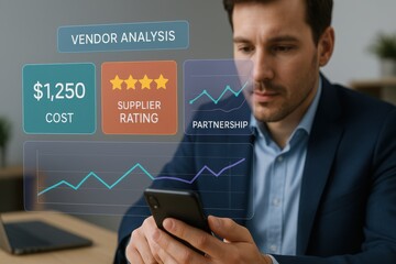 Man Analyzing Vendor Cost and Supplier Rating on Digital Dashboard with Partnership Graphs
