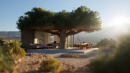 Obraz premium Modern architectural home integrated with a large tree providing shade for outdoor living spaces