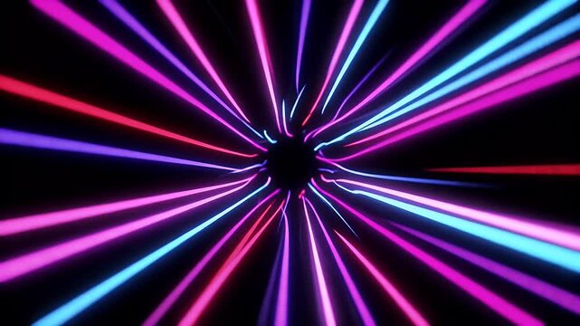 Abstract Black Hole Animation with Glowing Blue Red and Purple Light Streaks in Dark Tunnel Backdrop