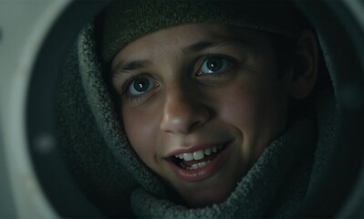 The image shows a close-up of a person peeking through a circular opening. The person, with bright eyes, wears a knit cap and a scarf. The lighting and environment suggest an indoor setting.