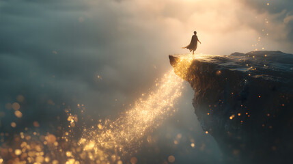 Fototapeta premium A person taking a first step off a cliff into the unknown. A conceptual image of a person taking a brave first step off a high cliff, not falling, but stepping onto a magical, glowing path that appear