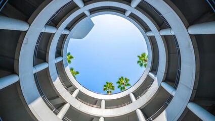Looking up through a circular parking garage with palm trees against a bright blue sky