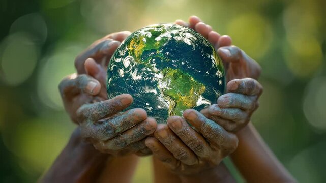 Multiple hands interlaced yet distinct cradle a luminous globe showcasing the interconnectedness of humanity. The blurred green backdrop evokes a feeling of peace highlighting the earth