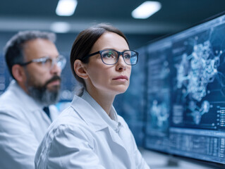 Two scientists wearing lab coats and glasses analyze complex scientific data on a large digital screen in a modern laboratory setting.