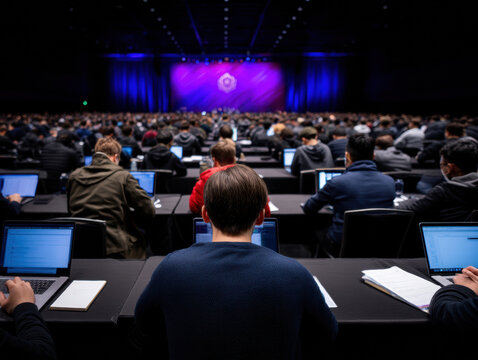 large group of people seated at laptops in a dimly lit conference hall, focused on screens during a tech or coding event.